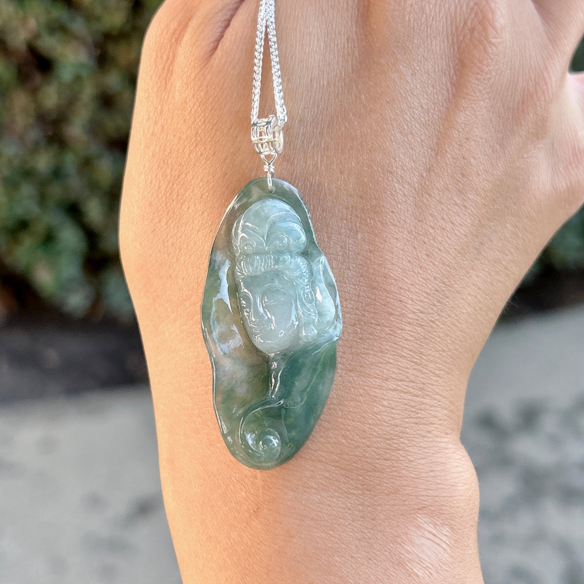 Natural Burmese jade craving Guanyin, 47x23MM translucent two tone white green jade Kuan Yin pendent necklace. Myanmar Type A Jade Jewelry