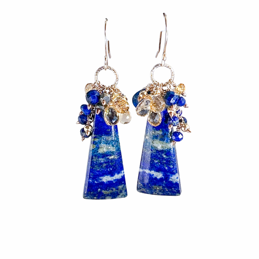 Gold pyrite lapis lazuli earrings, unique handmade gemstone cluster earring with lapis, pyrite, citrine.