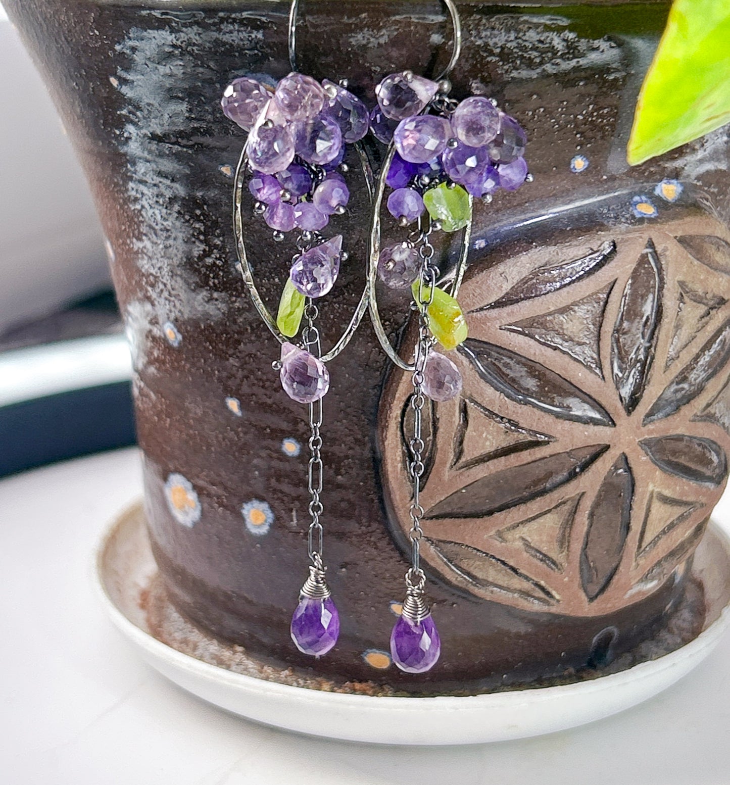 Purple wisteria earrings lilac amethyst gemstone floral earrings, long Sterling silver dangle earring, waterfall cascading ombre amethyst cluster.