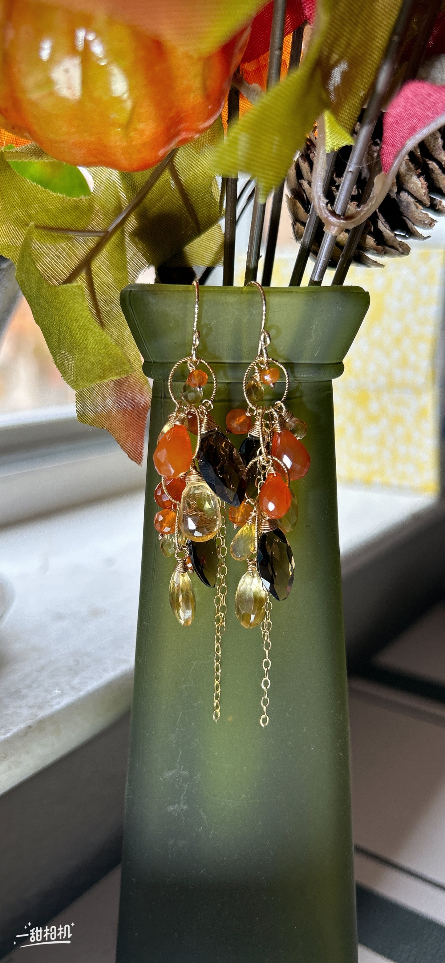 Orange carnelian Earrings statement teardrop dangle earrings w/ honey citrine, smoky quartz, hessonite garnet, harvest warm color chandelier earrings in gold filled.