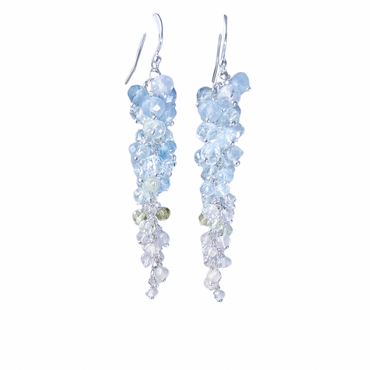 Blue pink gemstone cluster earrings, long dangle earring cascade earrings with natural aquamarine