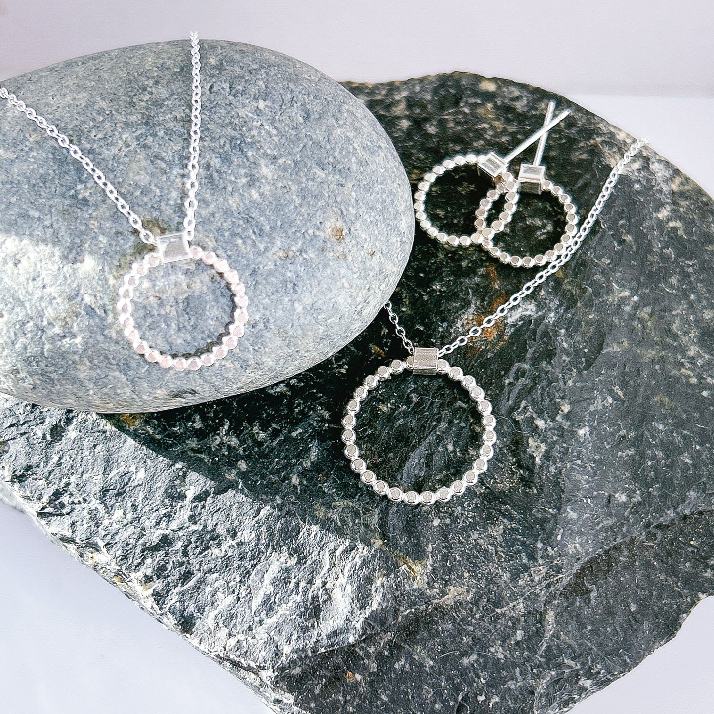handmade hammered silver beaded halo open circle necklace, folding circle hoop necklace