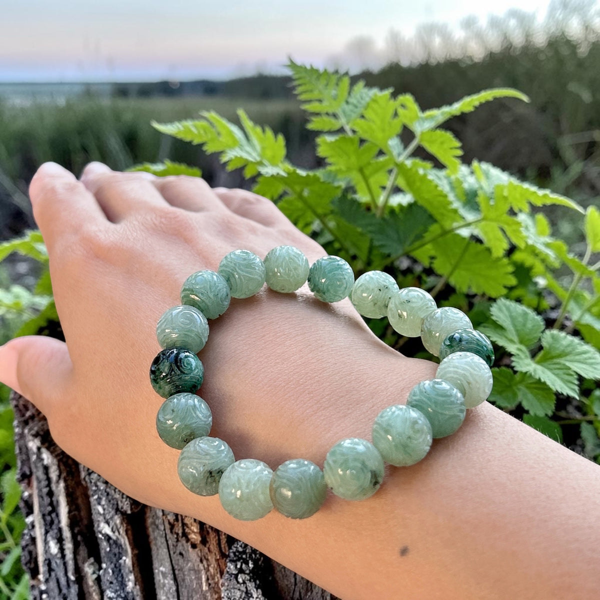 Hand craved Myanmar jadeite beaded bracelet, light green jade, 12mm+ untreated type A green Burmese jadeite bracelet 6.5 7, 7.5 inches
