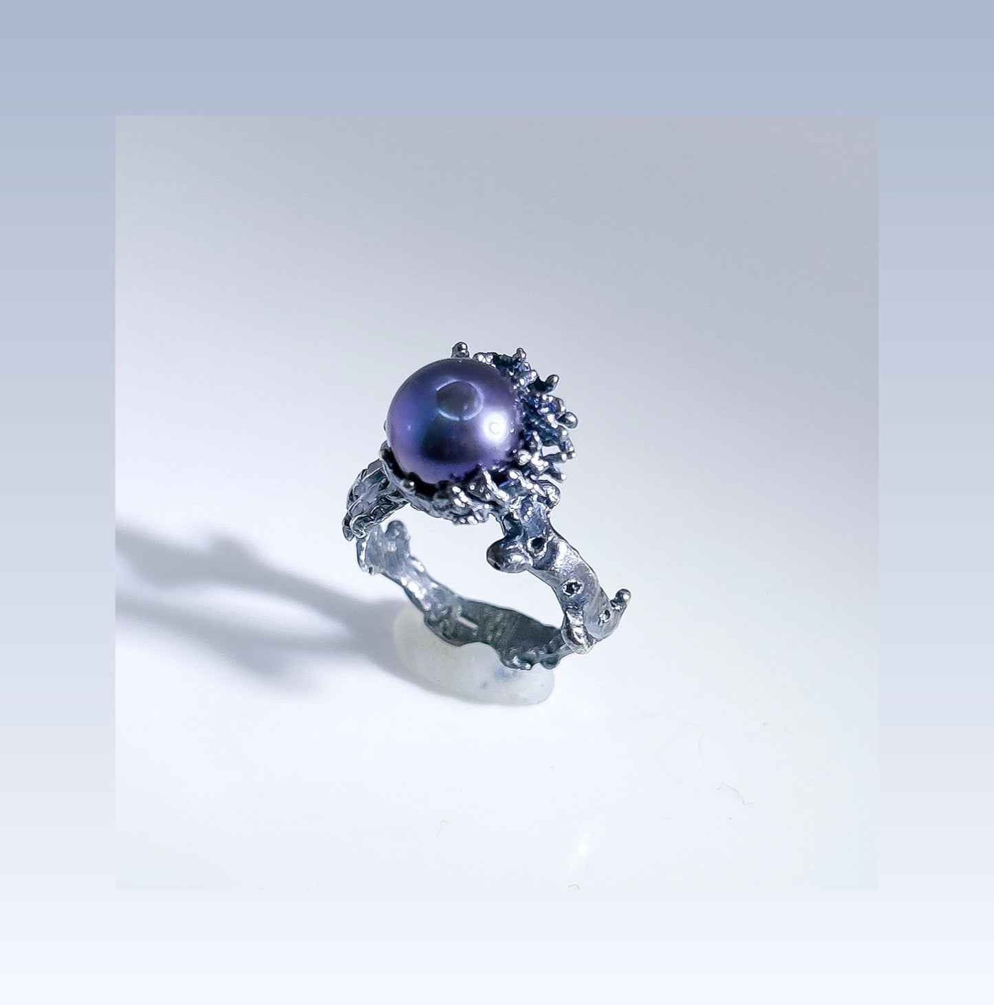 Black cultured pearl ring, coral pearl statement piece in a custom hand-carved casting ring band, in patina sterling silver, ocean jewelry