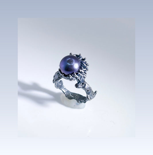 Black cultured pearl ring, coral pearl statement piece in a custom hand-carved casting ring band, in patina sterling silver, ocean jewelry