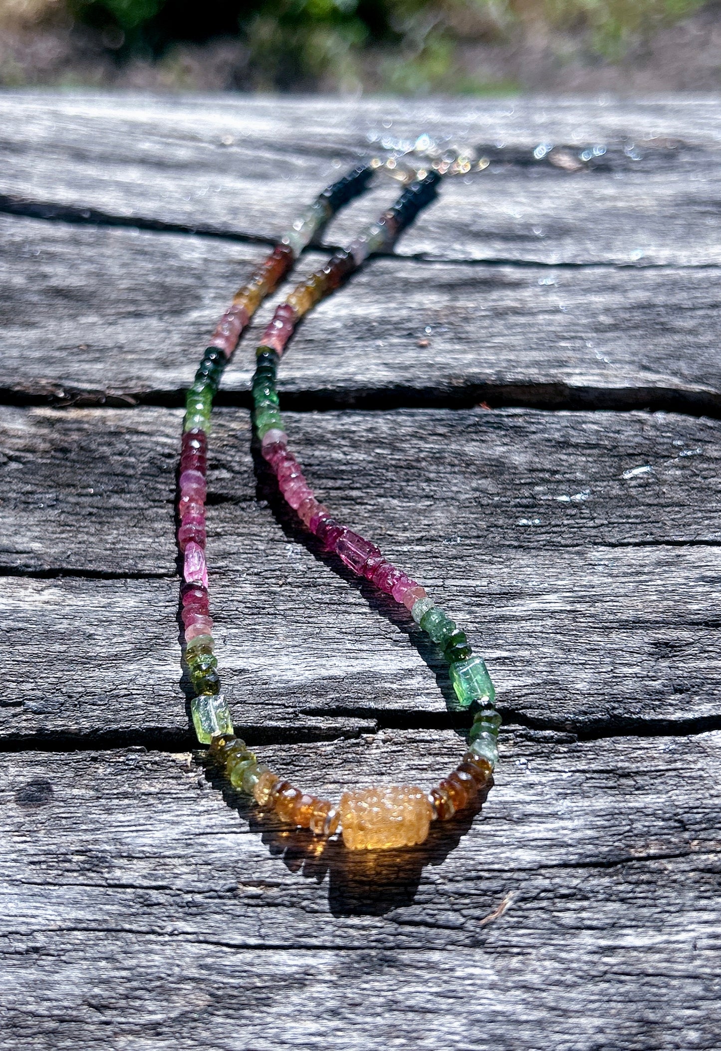 Watermelon tourmaline beaded necklace, 14k gold filled ombré multicolor tourmaline
