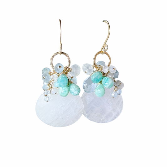 Rainbow moonstone earrings, aquamarine, amazonite, blue topaz gemstones cluster dangle earrings