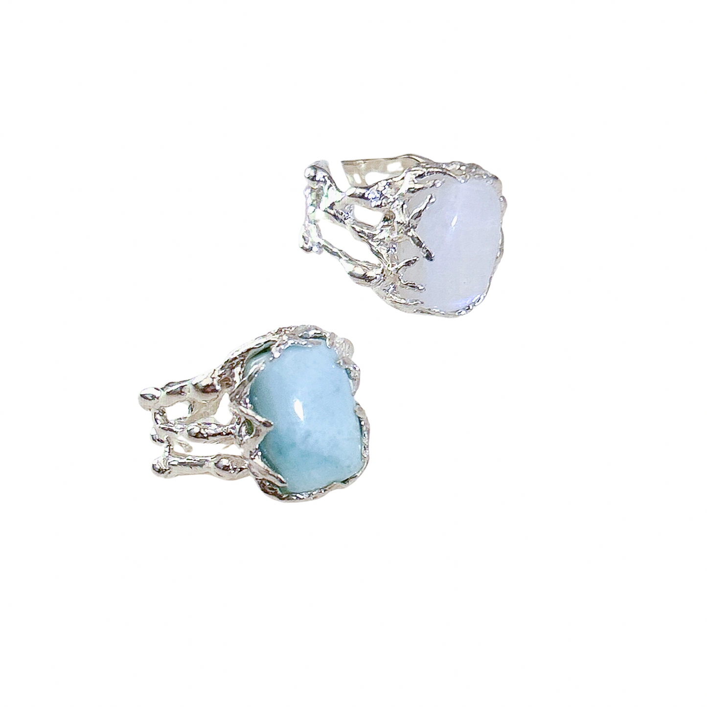 Larimar, moonstone ring, statement piece in a Hand-craved wide casting ring band, with melted details. Sterling silver ring, ocean jewelry