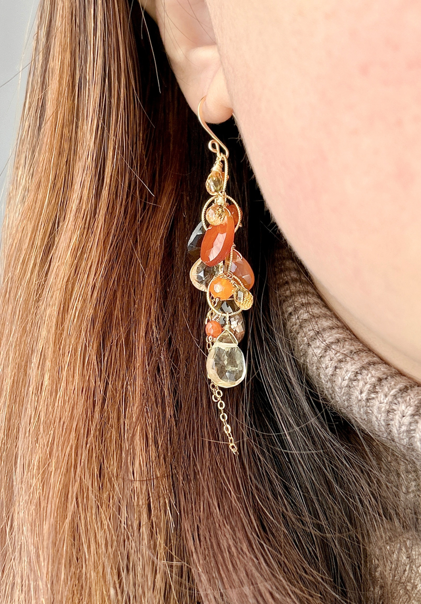 Orange carnelian Earrings statement teardrop dangle earrings w/ honey citrine, smoky quartz, hessonite garnet, harvest warm color chandelier earrings in gold filled.