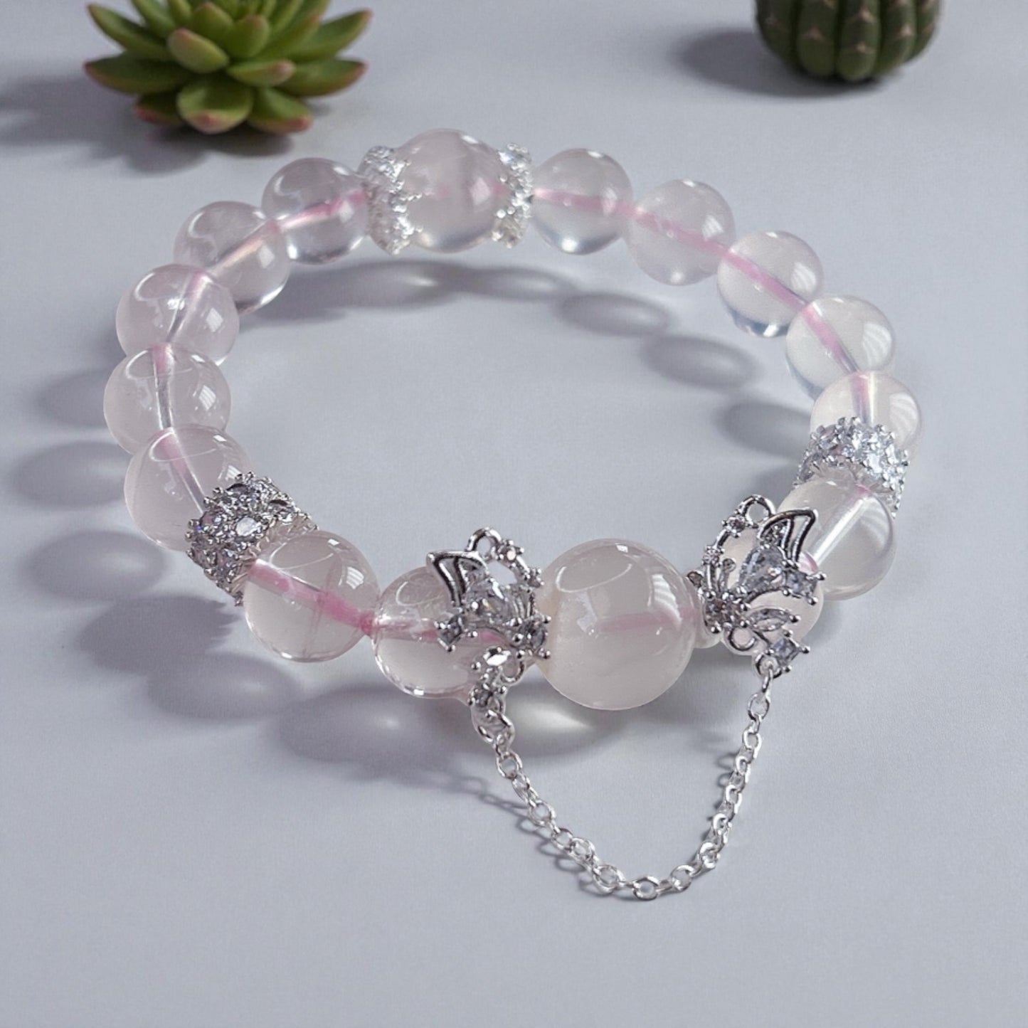 Rose quartz stretch bracelet, 10MM Mozambique rose quartz and snowflake phantom quartz