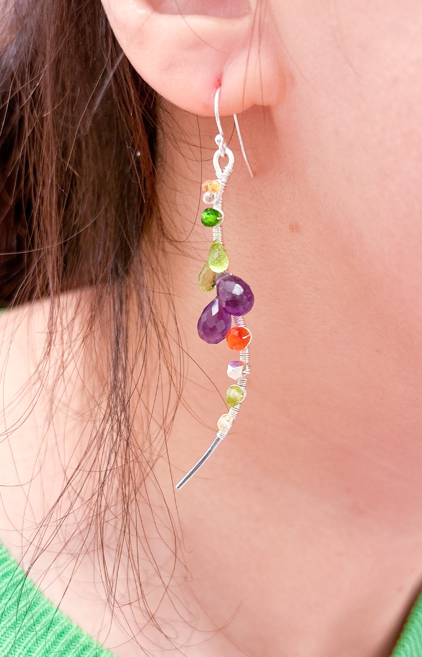 Amethyst peridot sapphire statement earrings, rainbow gemstone cluster earring