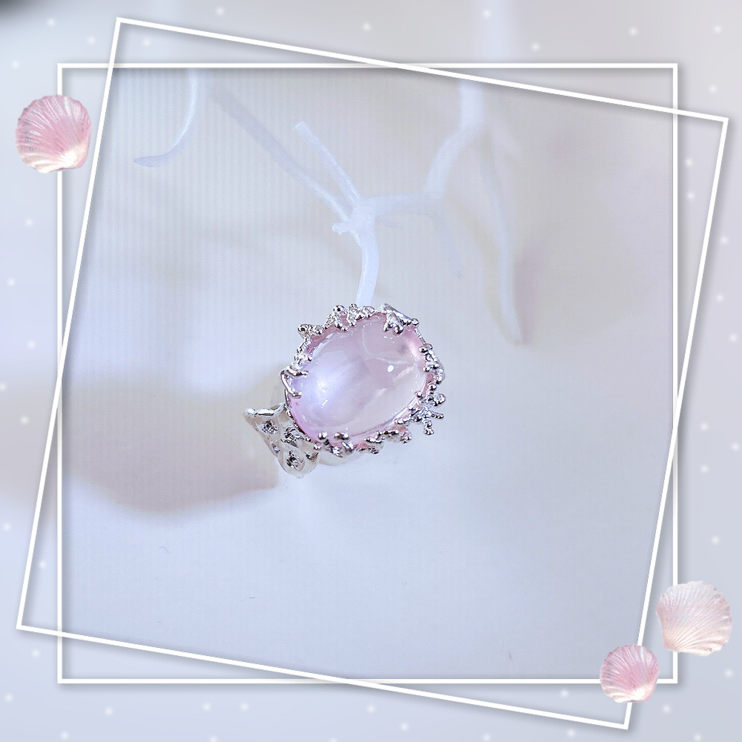 Rose quartz ring, hand craved lost wax freeform organic ring band with coral reef branches, the heeling gemstone ring sterling silver