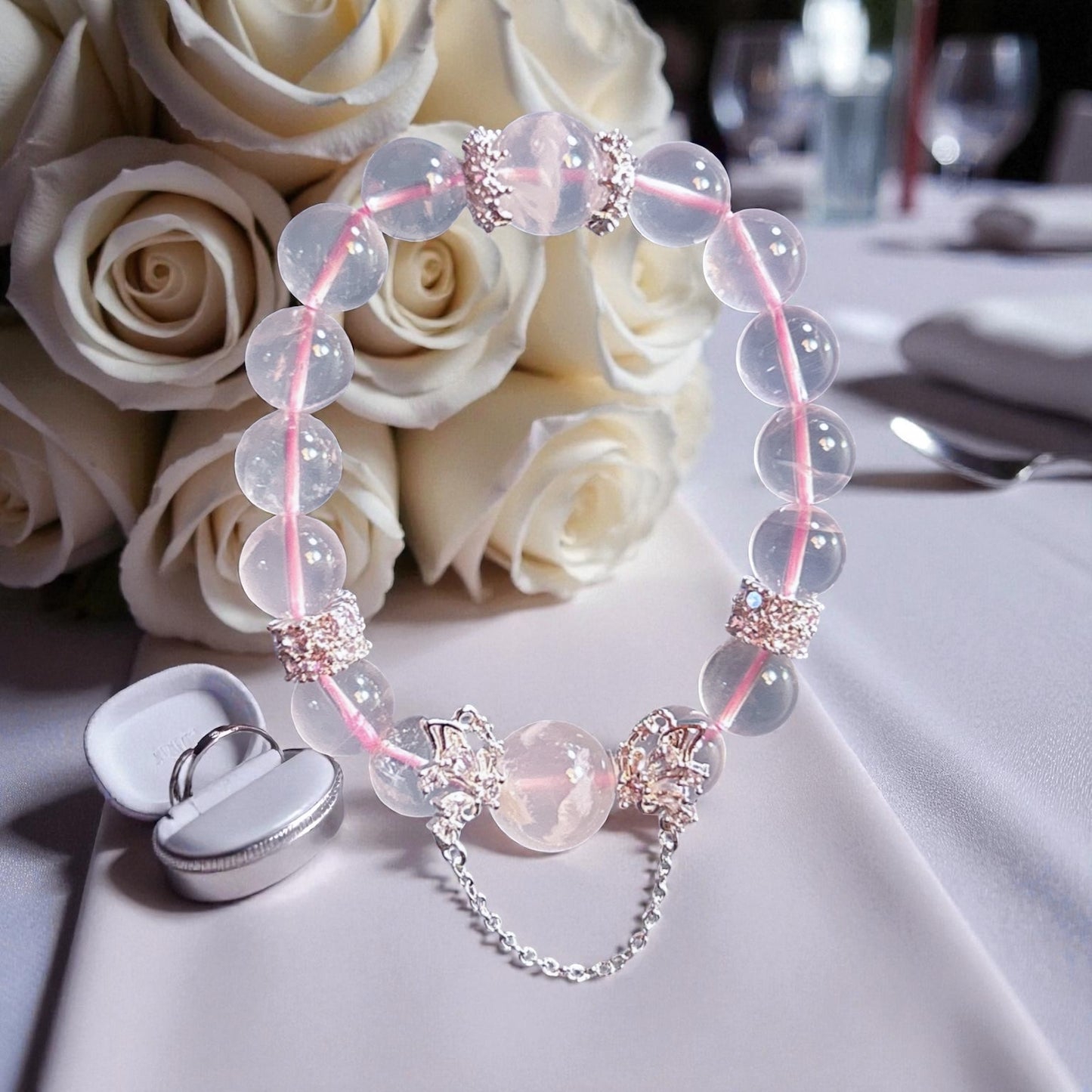 Rose quartz stretch bracelet, 10MM Mozambique rose quartz and snowflake phantom quartz