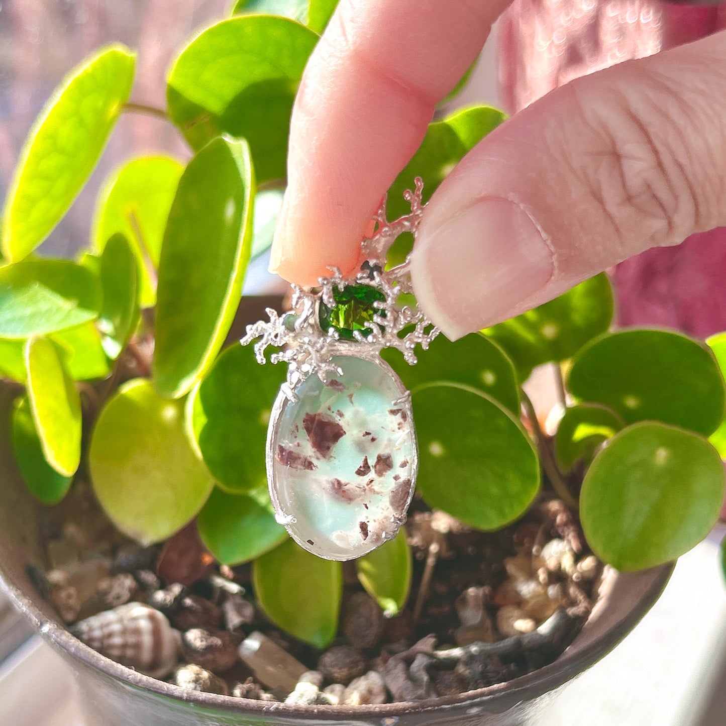 Aqua chalcedony Russian chrome diopside pendent necklace, unique casting statement piece