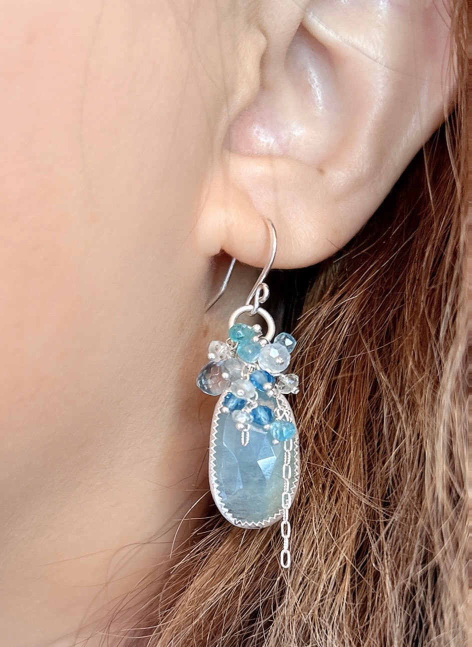 Natural large aquamarine dangle earrings, blue gemstone healing gemstone , blue topaz.