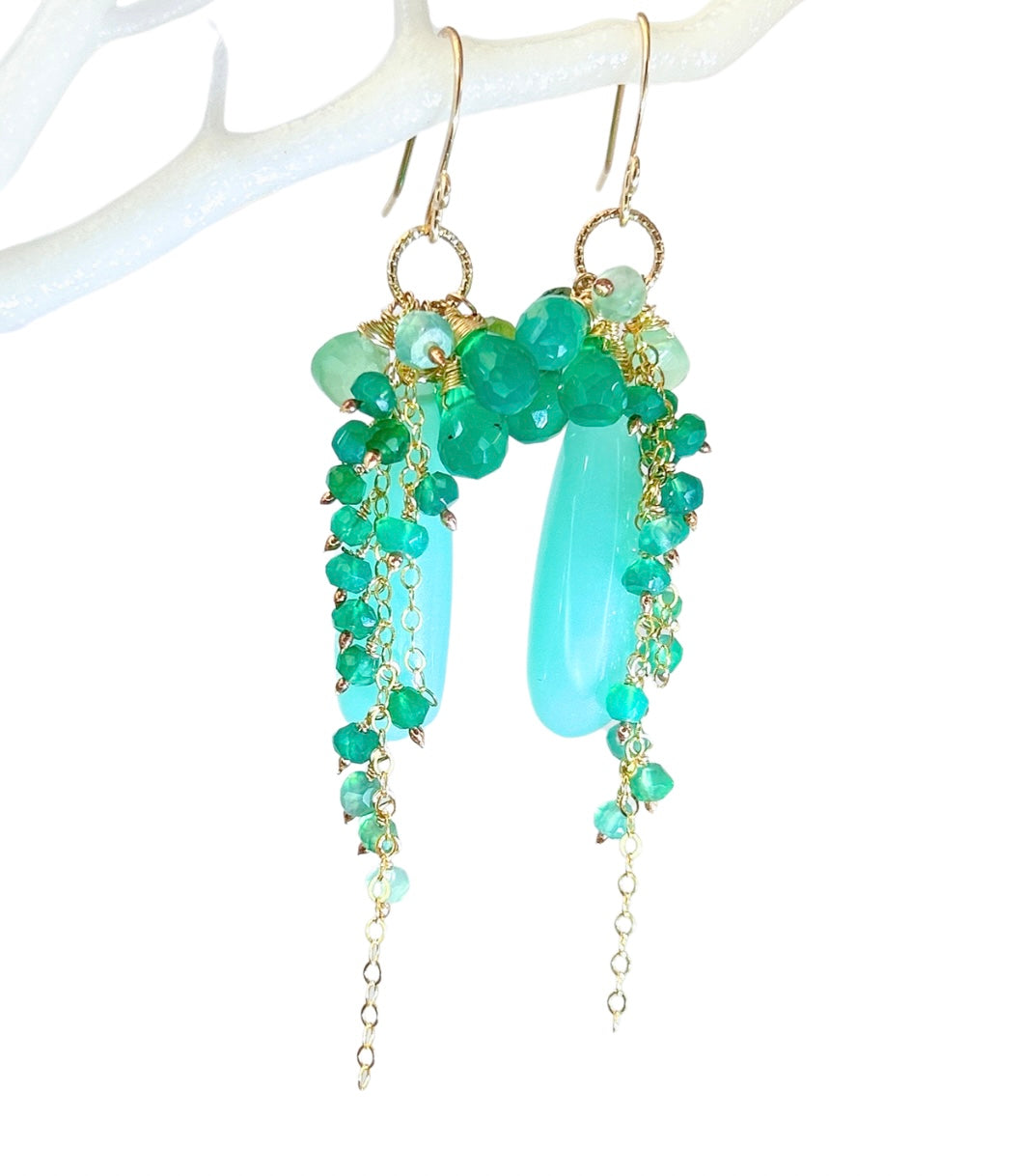 Mint green chalcedony gemstone cluster earrings