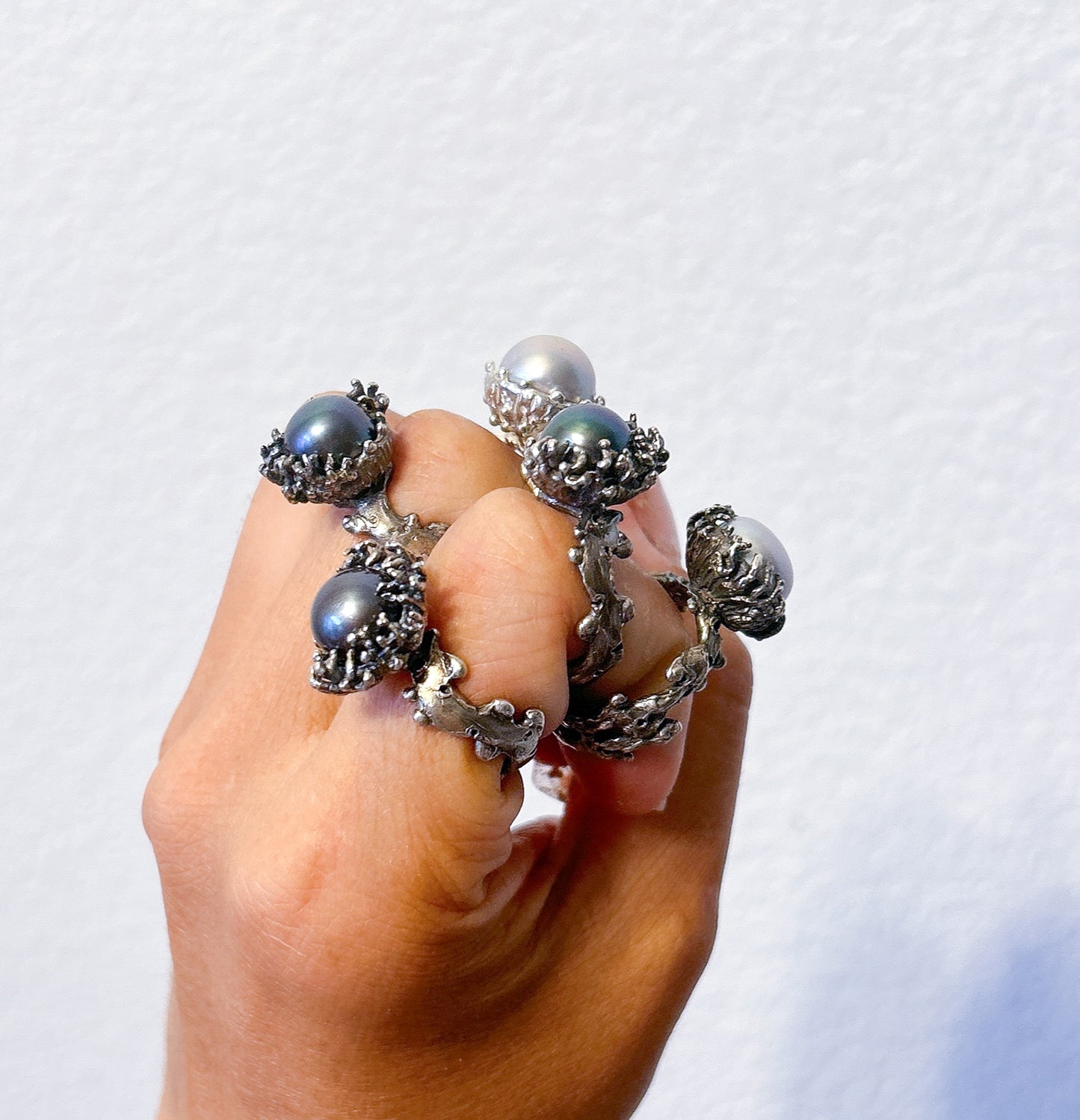 Black cultured pearl ring, coral pearl statement piece in a custom hand-carved casting ring band, in patina sterling silver, ocean jewelry