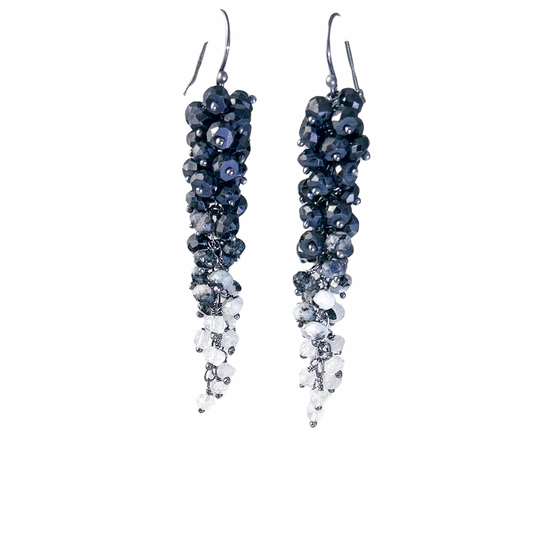 Black white gemstone cluster earring, long dangle earring cascade earring with natural black spinel, moonstones waterfall chandelier earrings.