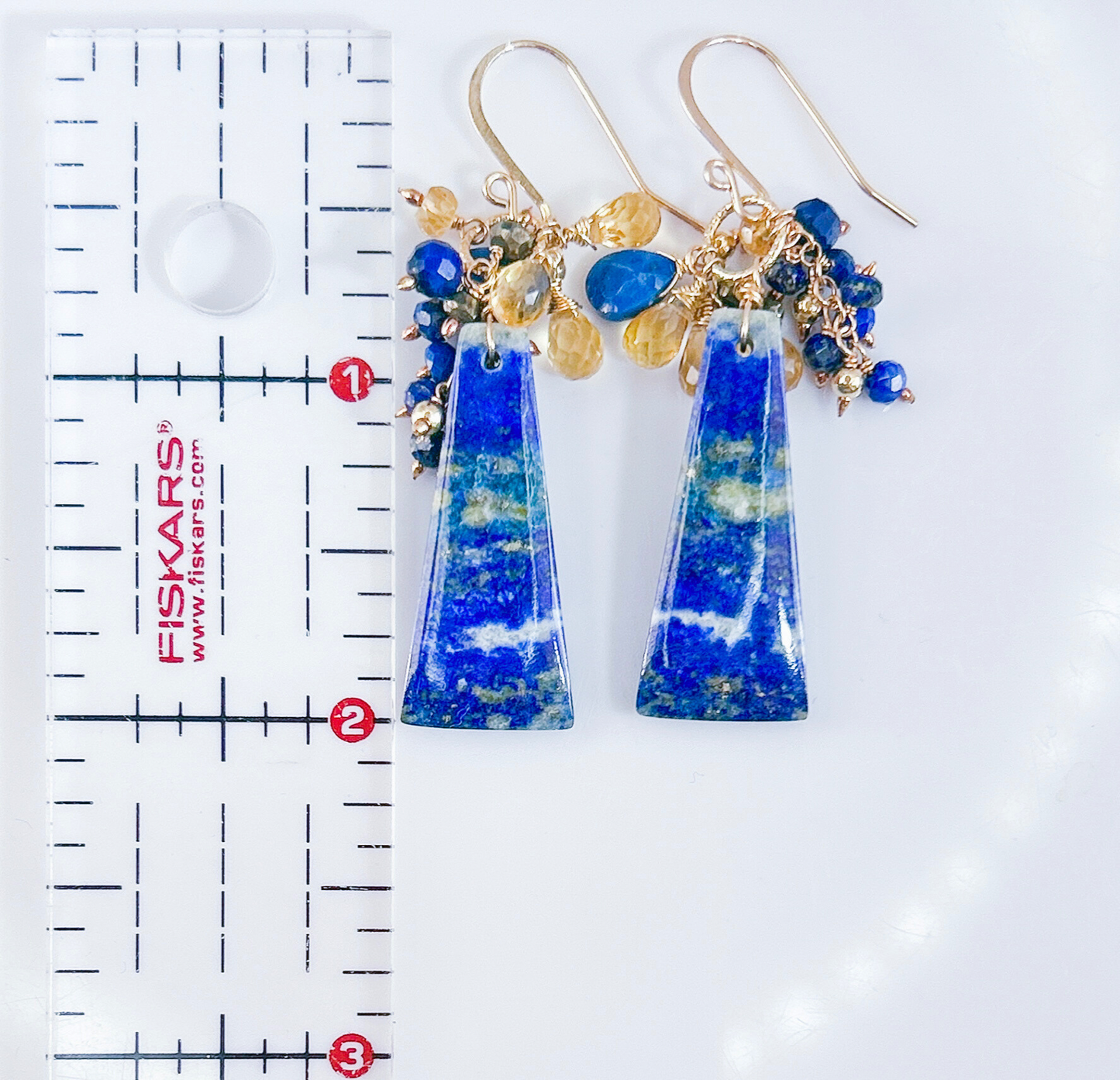 Gold pyrite lapis lazuli earrings, unique handmade gemstone cluster earring with lapis, pyrite, citrine.