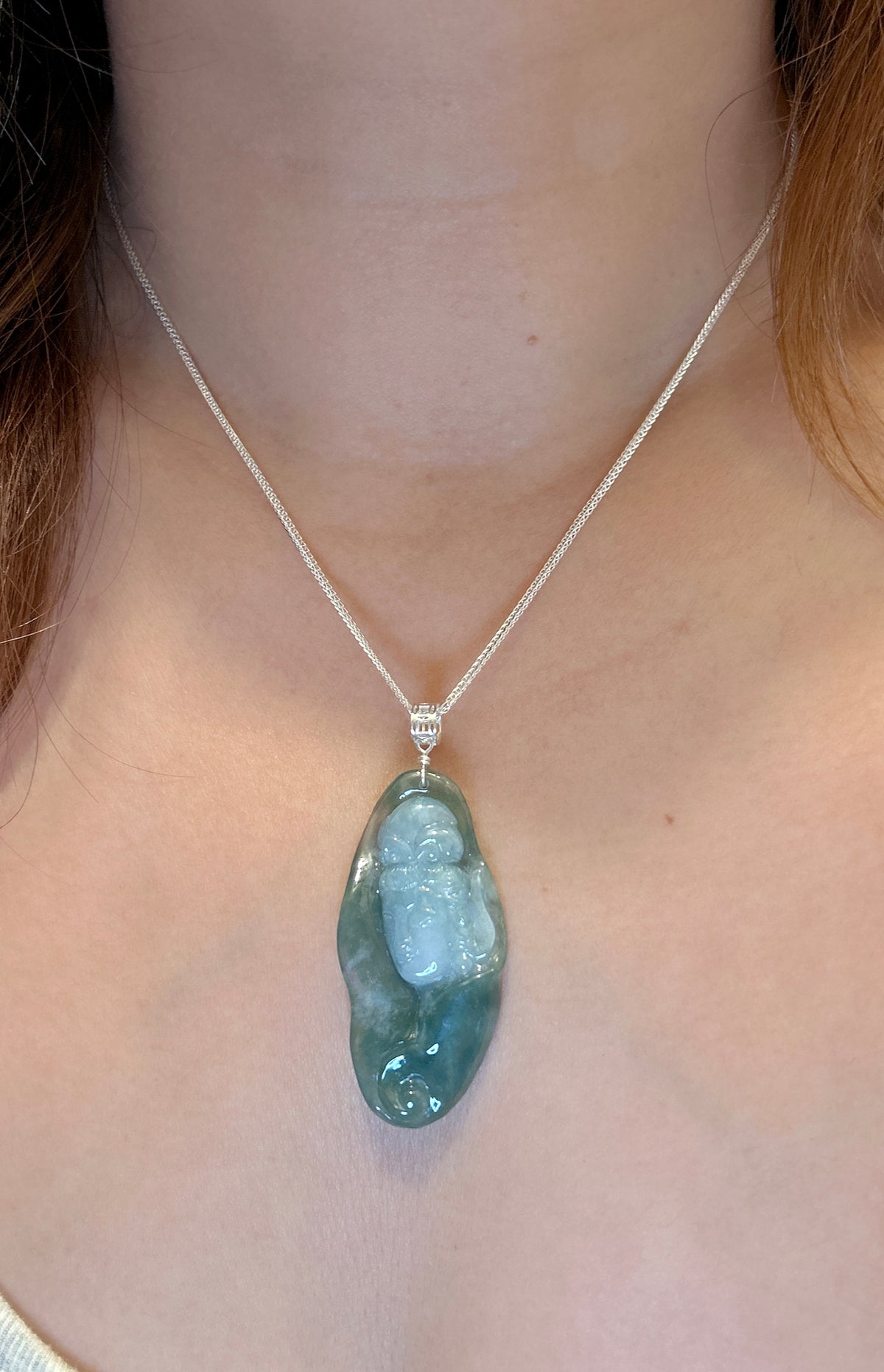 Natural Burmese jade craving Guanyin, 47x23MM translucent two tone white green jade Kuan Yin pendent necklace. Myanmar Type A Jade Jewelry