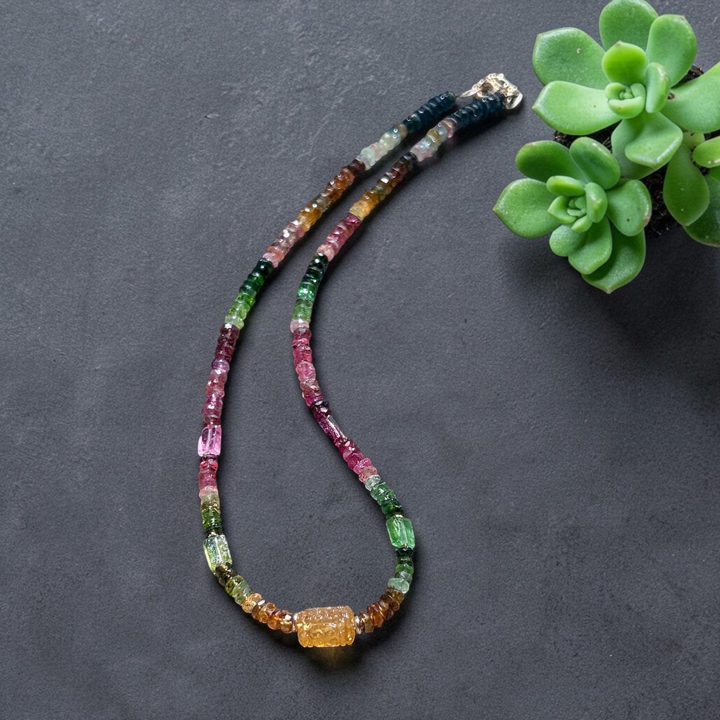 Watermelon tourmaline beaded necklace, 14k gold filled ombré multicolor tourmaline