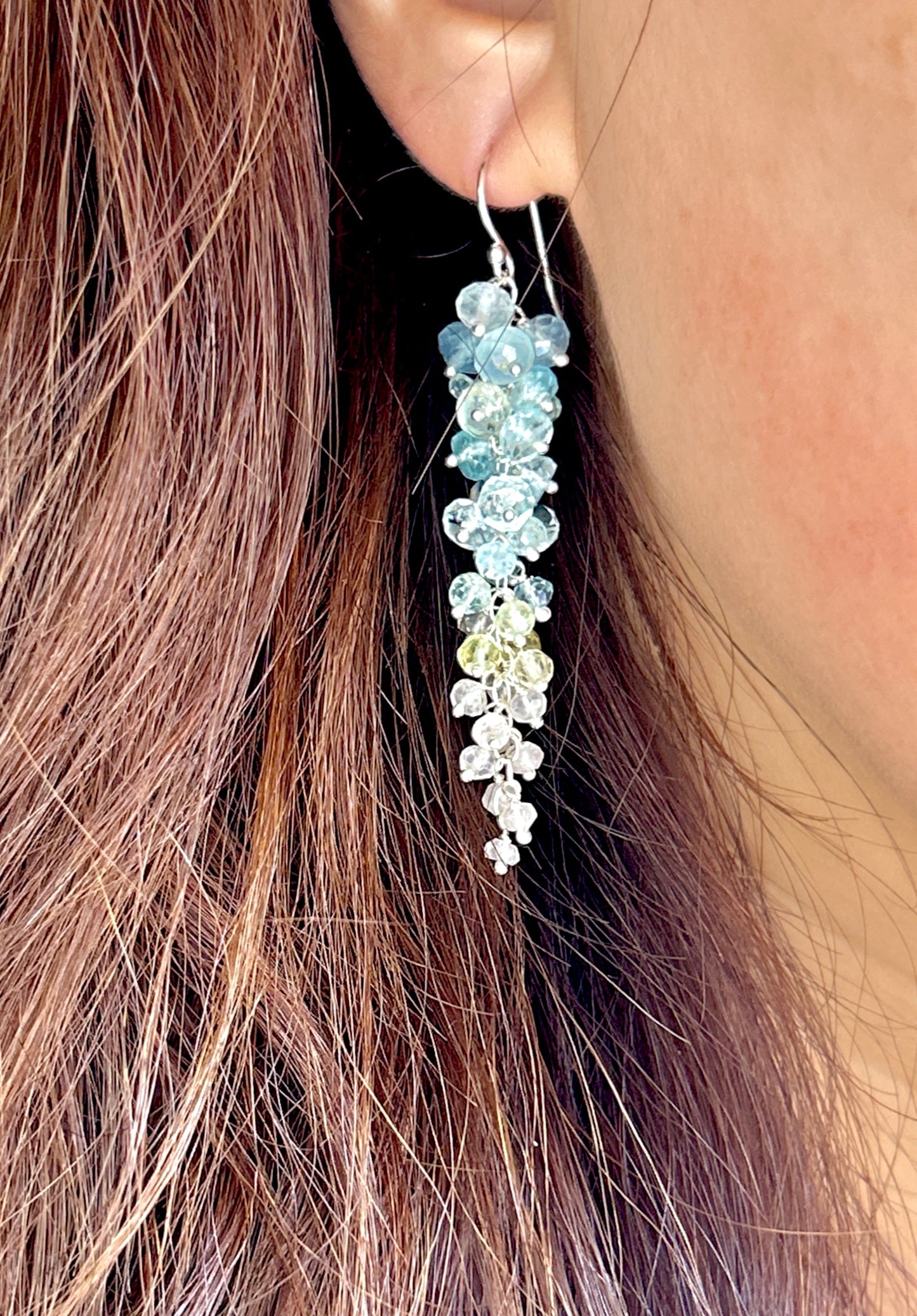 Blue pink gemstone cluster earrings, long dangle earring cascade earrings with natural aquamarine