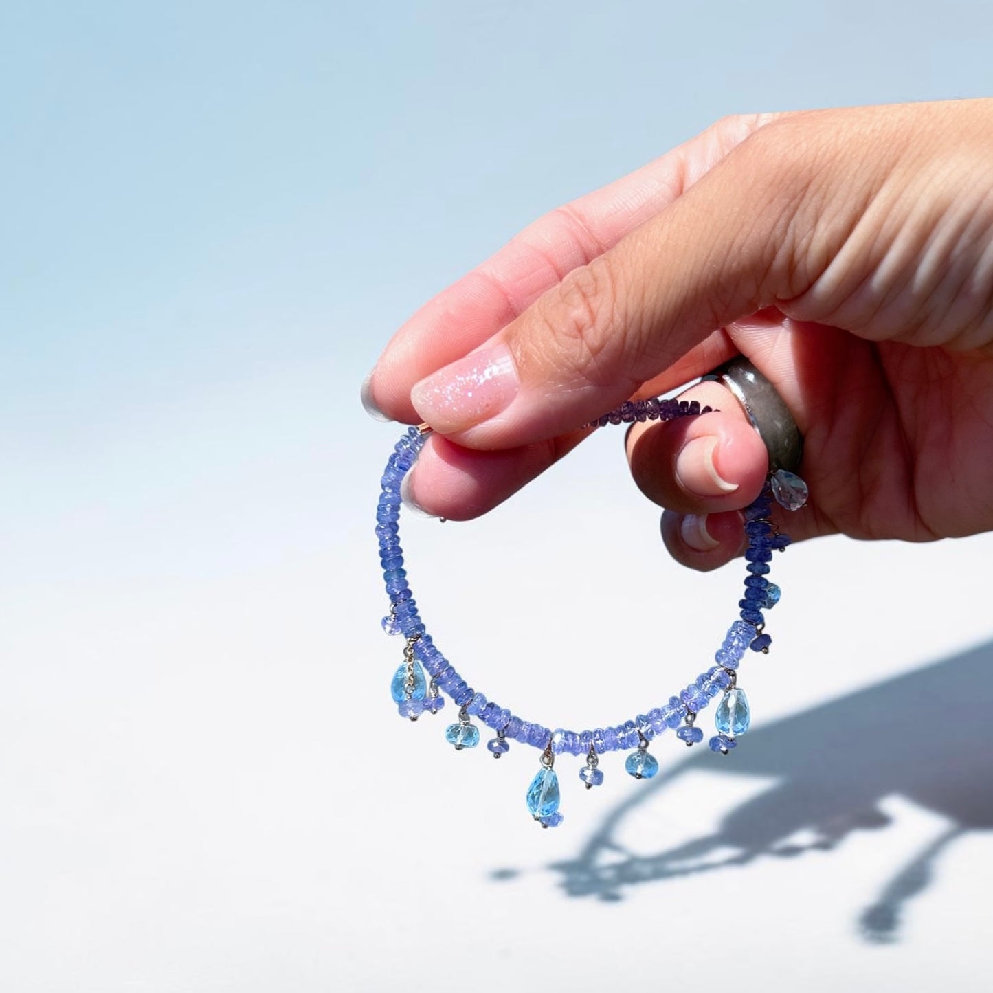 14k Gold Filled Tanzanite Bracelet, Gemstone Beaded Jewelry in blue purple tanzanite, 4mm tanzanite, blue topaz drops