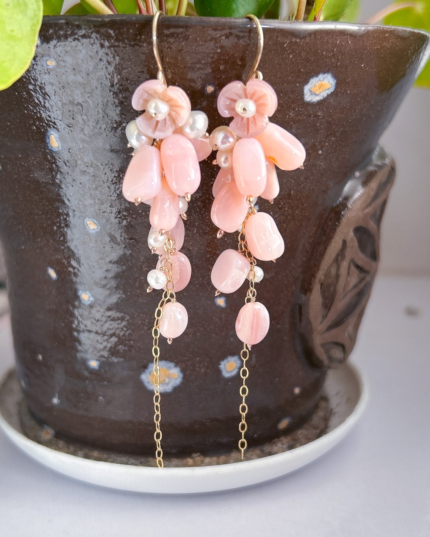 Pink opal pearl earrings, cotton candy gemstone earring cluster, long cluster tassel earrings with natural pink opal and freshwater pearl.