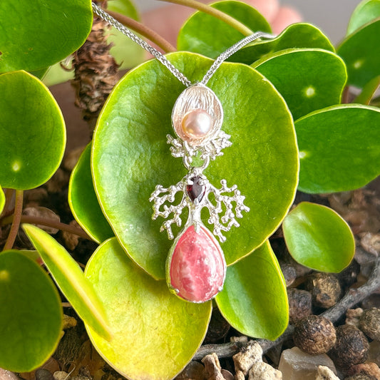 Rhodochrosite garnet pearl pendent necklace natural inspired necklace with salmon pink gemstone