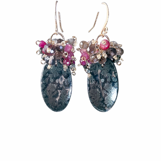 Marcasite, pink tourmaline, ruby, pyrite, smoky quartz natural gemstone cluster earrings, unique handmade cluster earrings in gold filled