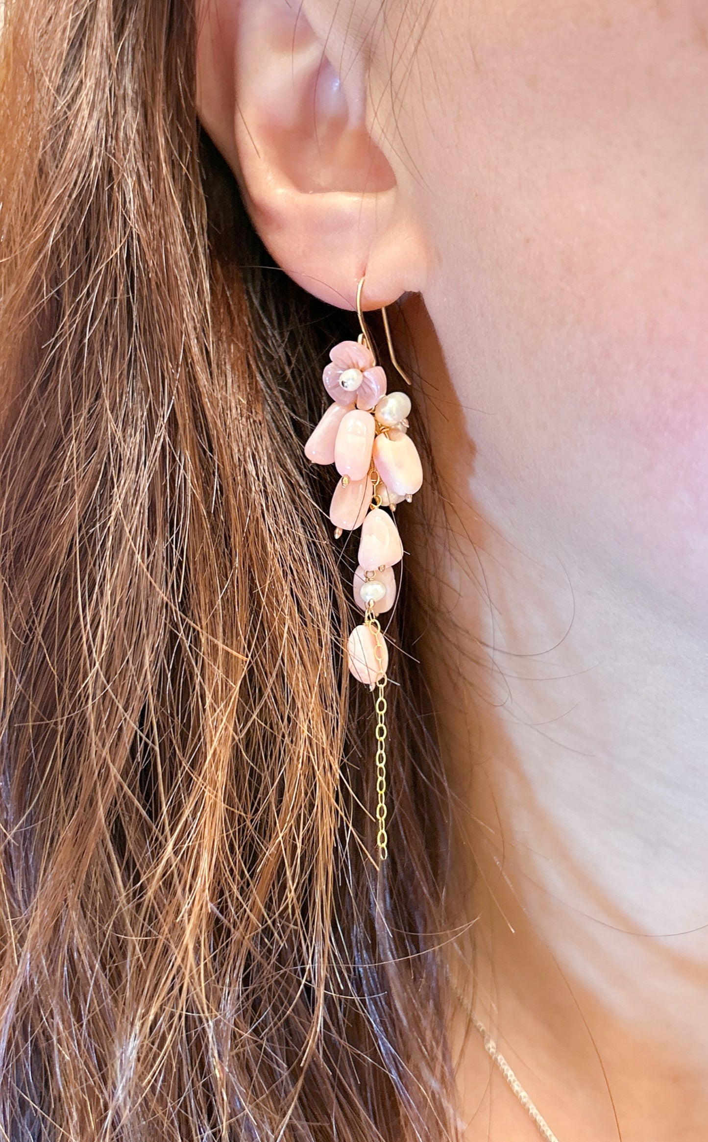 Pink opal pearl earrings, cotton candy gemstone earring cluster, long cluster tassel earrings with natural pink opal and freshwater pearl.
