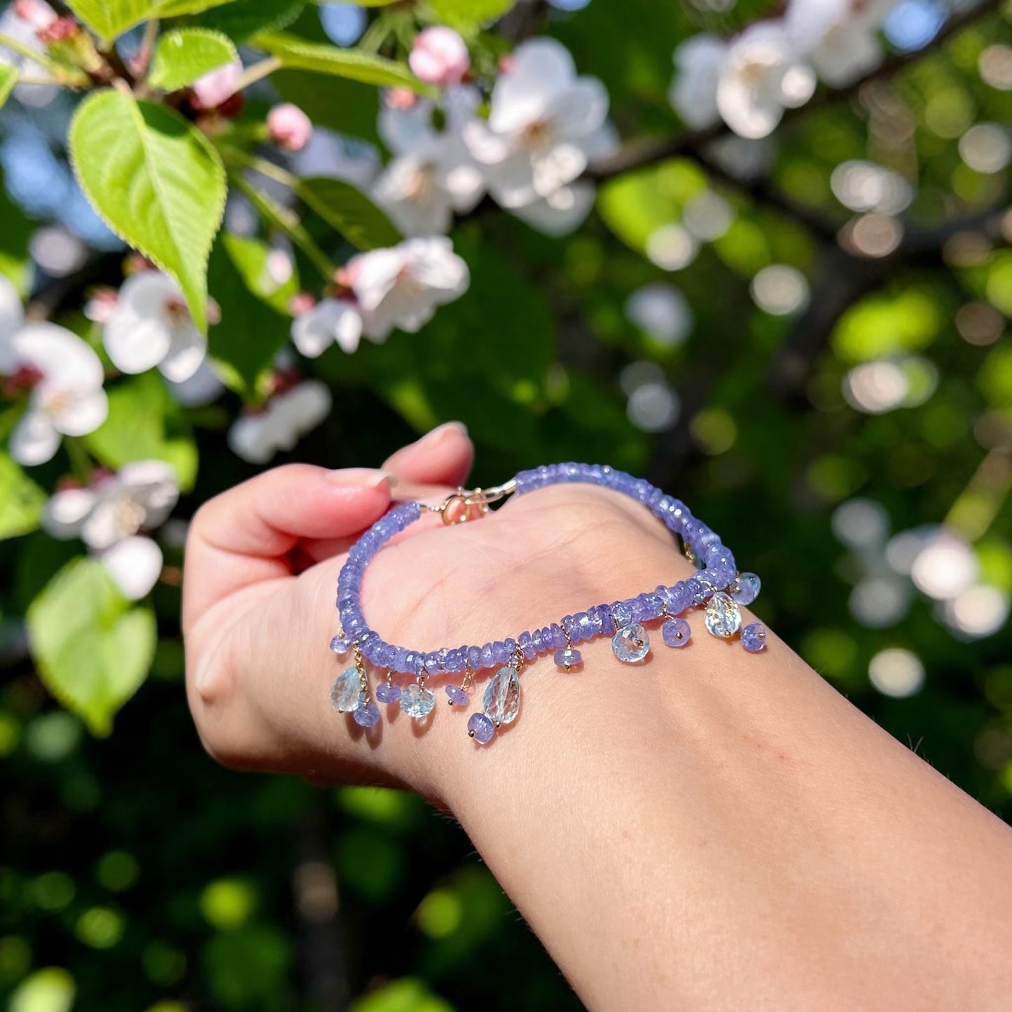 14k Gold Filled Tanzanite Bracelet, Gemstone Beaded Jewelry in blue purple tanzanite, 4mm tanzanite, blue topaz drops