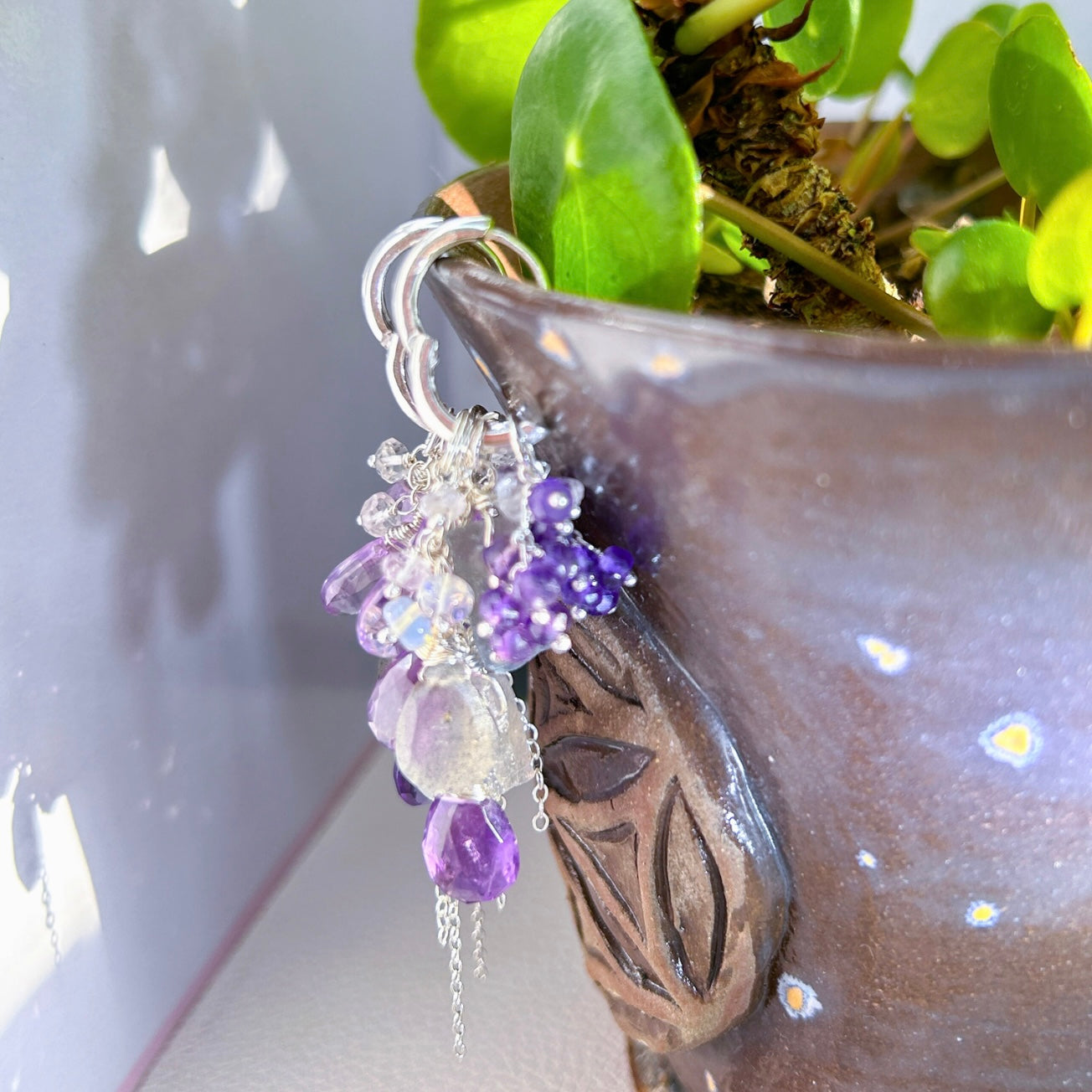 Amethyst labradorite gemstone earring in sterling silver, mini hoop with amethyst, Labradorite, statement chandelier cluster earrings