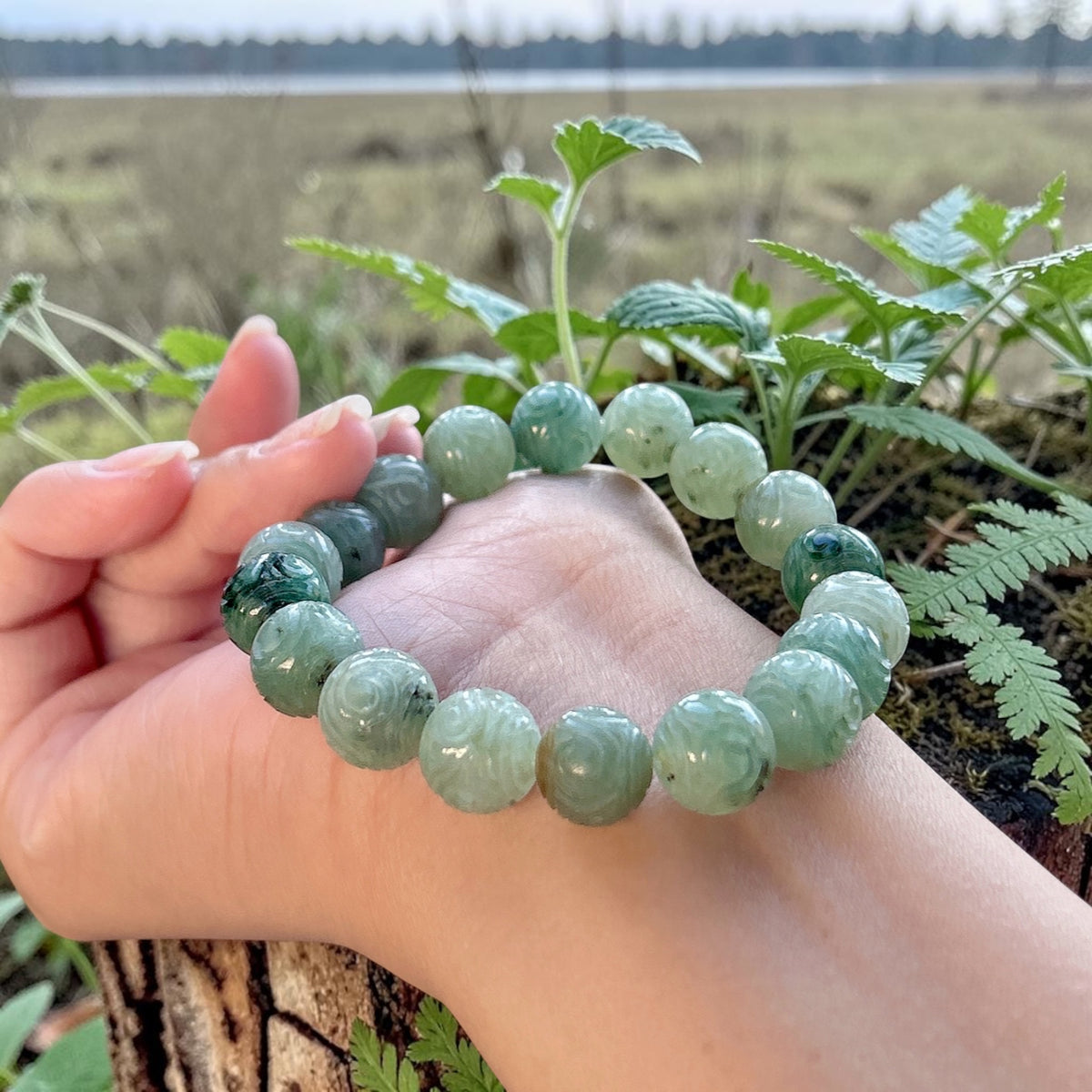 Hand craved Myanmar jadeite beaded bracelet, light green jade, 12mm+ untreated type A green Burmese jadeite bracelet 6.5 7, 7.5 inches