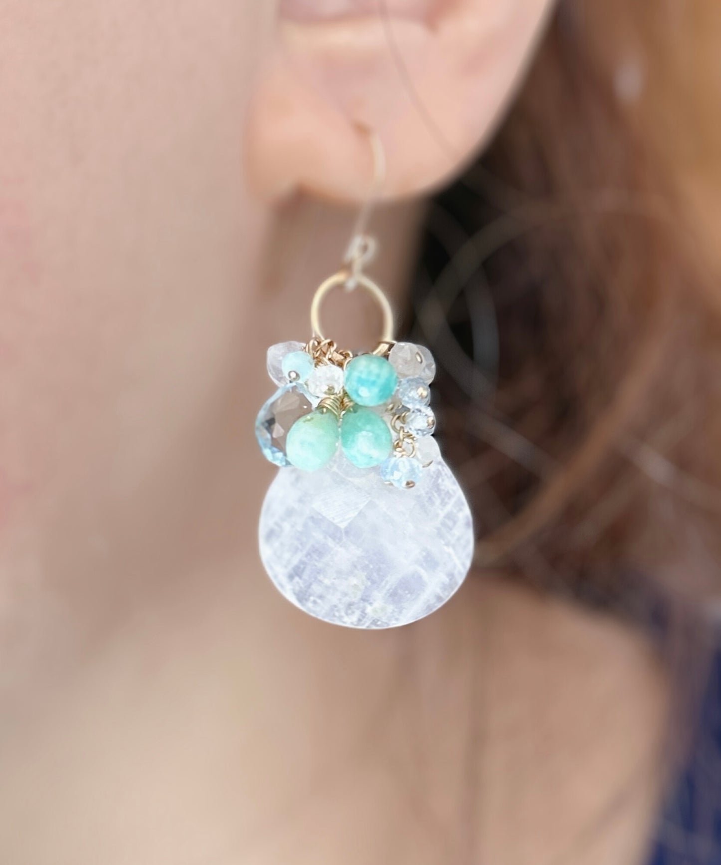 Rainbow moonstone earrings, aquamarine, amazonite, blue topaz gemstones cluster dangle earrings