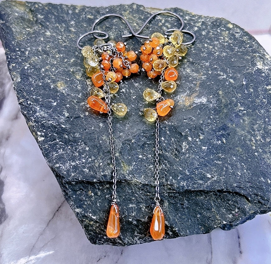 Citrine carnelian Sterling silver cluster dangle earring, waterfall cascading chandelier, ombre yellow orange gemstone cluster, heart hoops