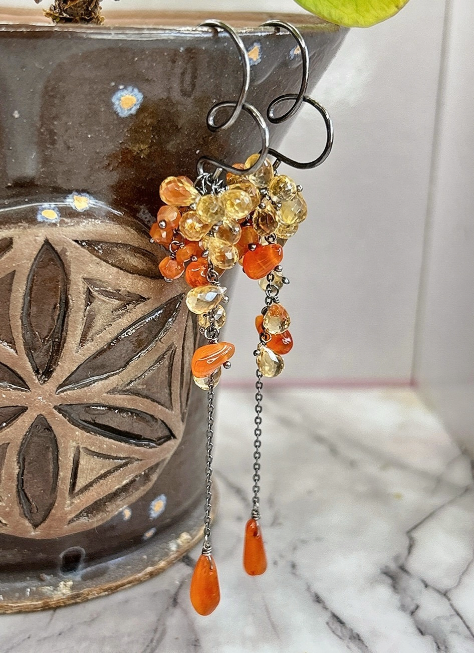 Citrine carnelian Sterling silver cluster dangle earring, waterfall cascading chandelier, ombre yellow orange gemstone cluster, heart hoops