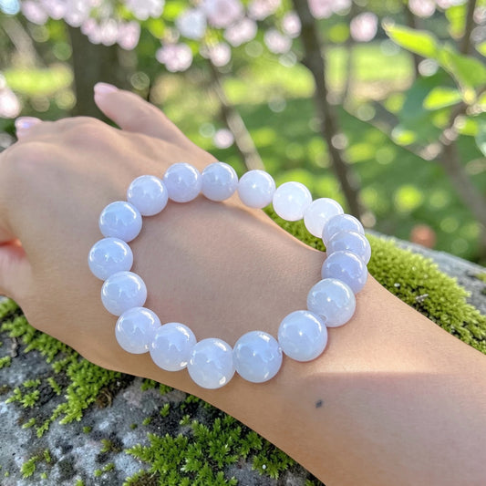 Jadeite jade beaded bracelet, 11.5 MM Monet color jade bracelet, pastel lavender blue Myanmar jadeite, untreated Burmese type A jadeite