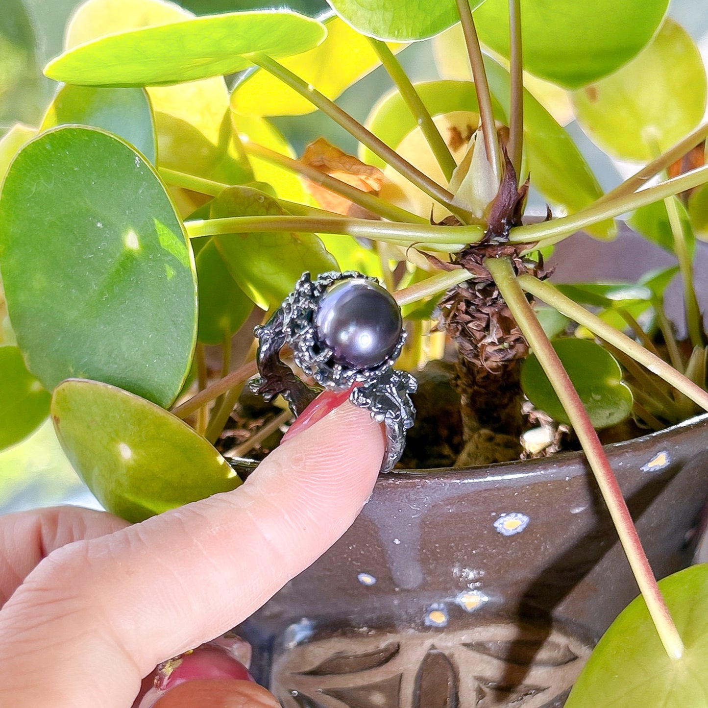 Black cultured pearl ring, coral pearl statement piece in a custom hand-carved casting ring band, in patina sterling silver, ocean jewelry