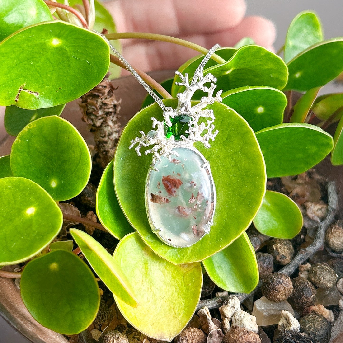 Aqua chalcedony Russian chrome diopside pendent necklace, unique casting statement piece
