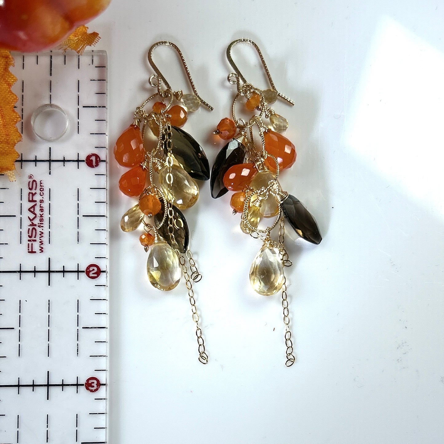 Orange carnelian Earrings statement teardrop dangle earrings w/ honey citrine, smoky quartz, hessonite garnet, harvest warm color chandelier earrings in gold filled.