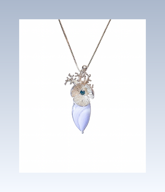 Blue lace agate, sapphire, moissanite necklace natural gemstone statement pendant necklace