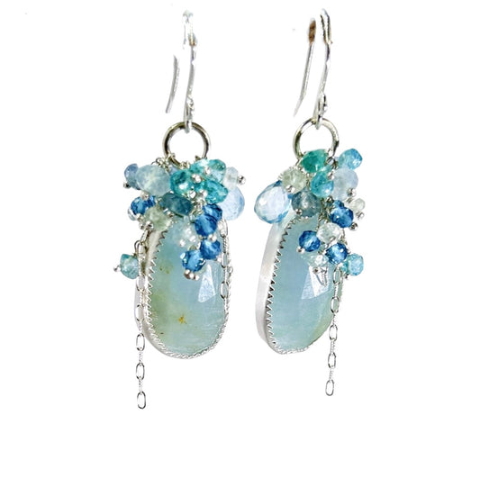 Natural large aquamarine dangle earrings, blue gemstone healing gemstone , blue topaz.