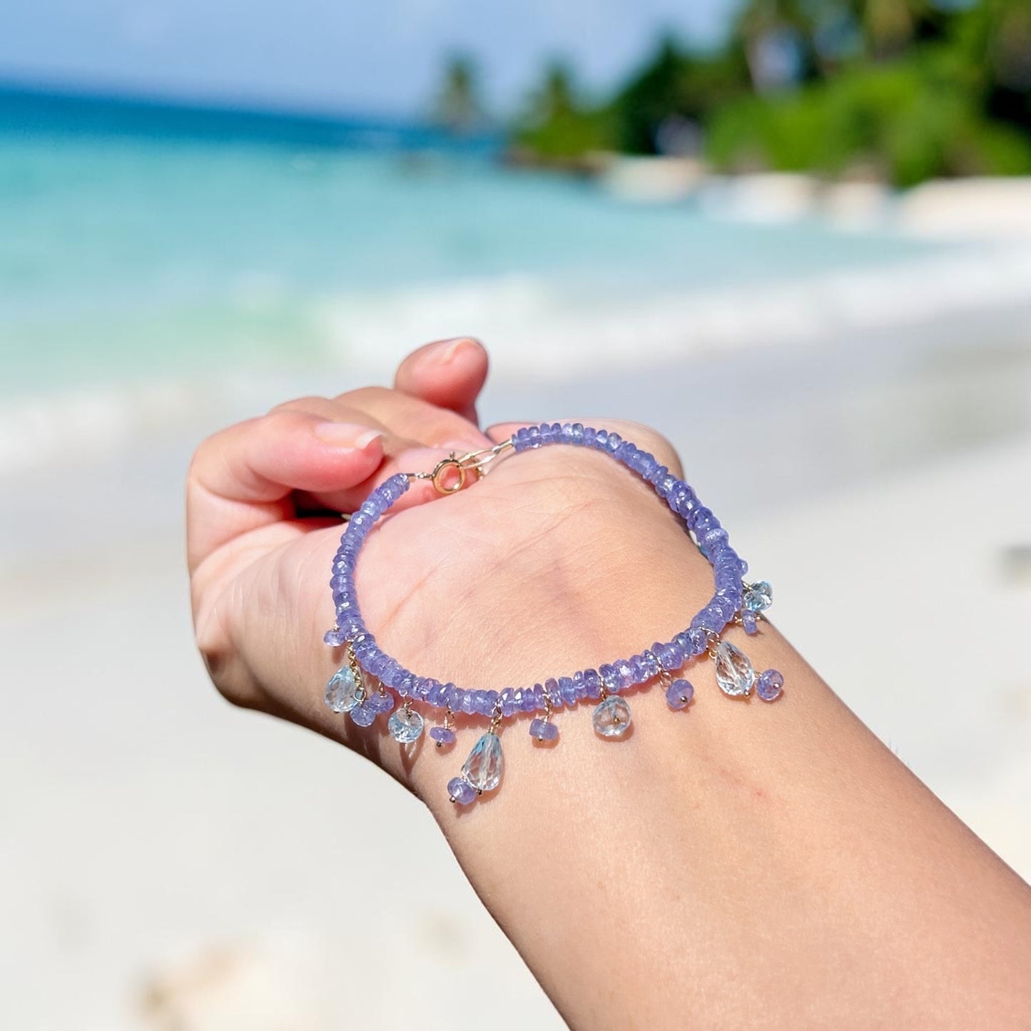 14k Gold Filled Tanzanite Bracelet, Gemstone Beaded Jewelry in blue purple tanzanite, 4mm tanzanite, blue topaz drops