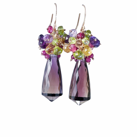Ametrine pink tourmaline ruby citrine Amethyst cluster earrings, a beautiful gold statement piece to any jewelry collection