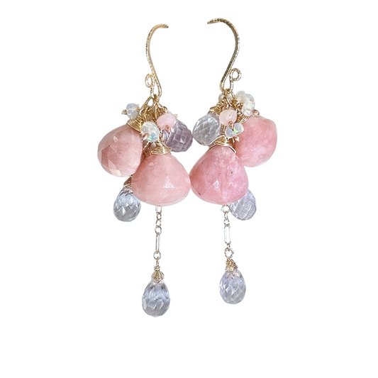 Pink opal earrings, long dangle cluster with pink opal, pink amethyst, and Ethiopian opal gemstones. Cascading pink floral earrings for her