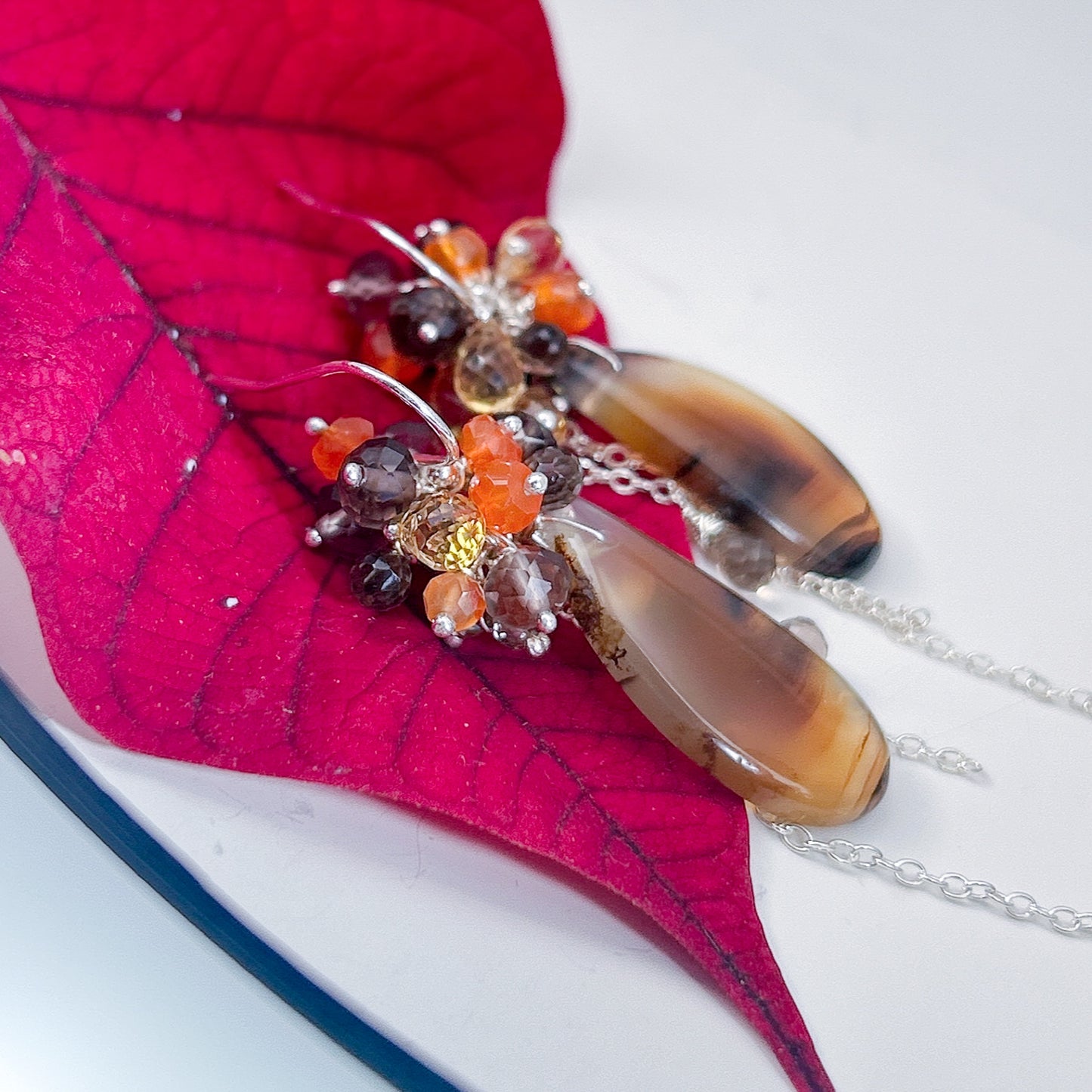 Montana agate citrine carnelian smoky quartz earrings, Montana agate statement cluster earrings, Unique earthy sterling silver earrings