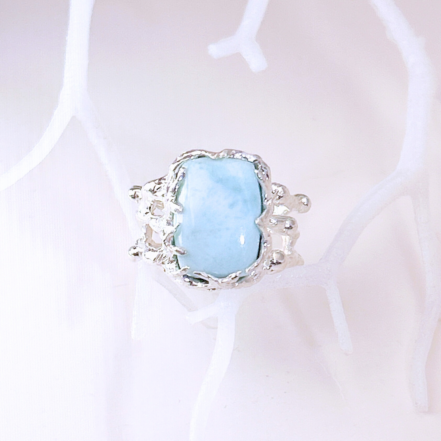 Larimar, moonstone ring, statement piece in a Hand-craved wide casting ring band, with melted details. Sterling silver ring, ocean jewelry