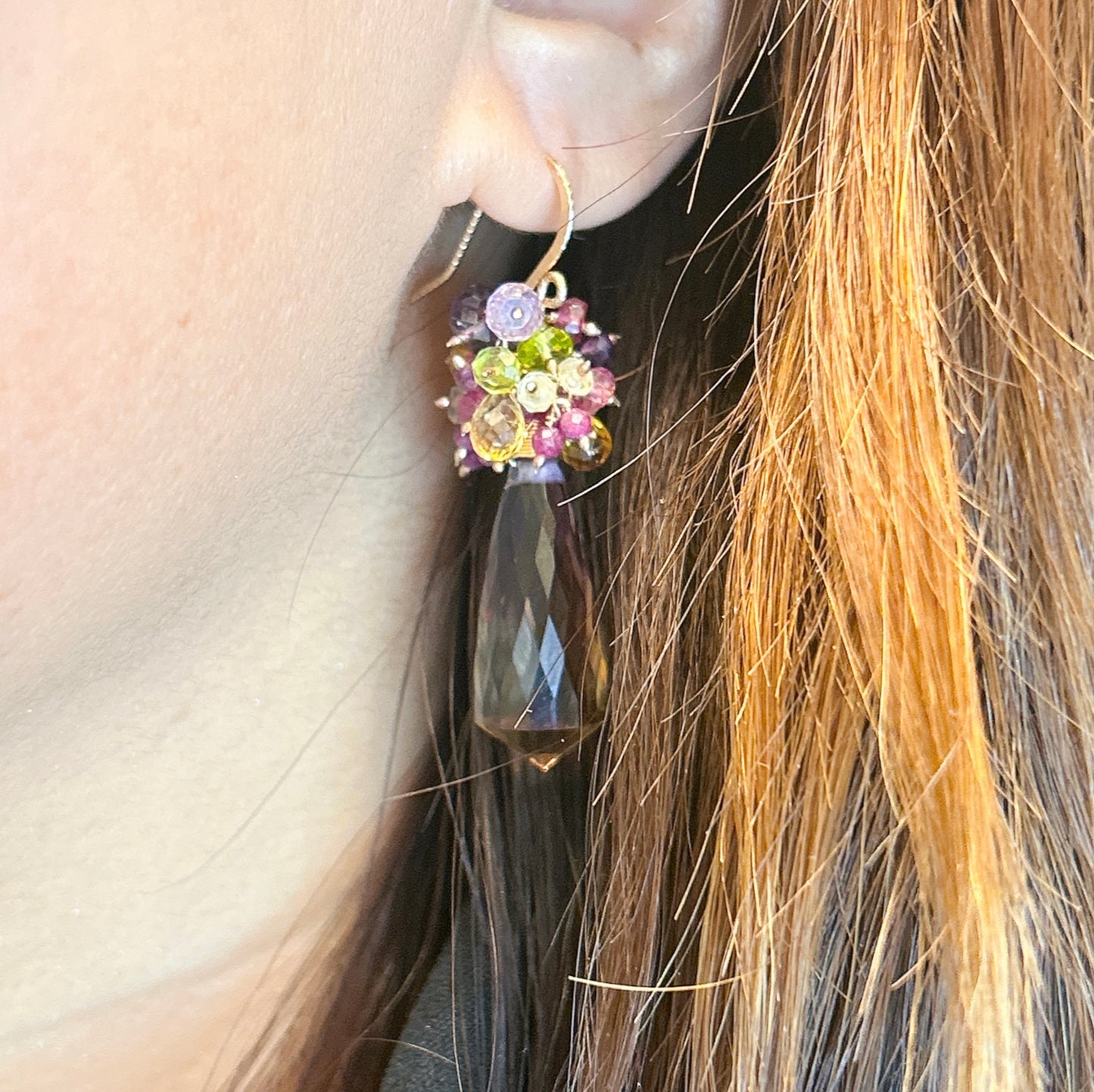 Ametrine pink tourmaline ruby citrine Amethyst cluster earrings, a beautiful gold statement piece to any jewelry collection