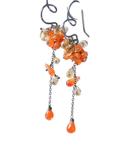 Citrine carnelian Sterling silver cluster dangle earring, waterfall cascading chandelier, ombre yellow orange gemstone cluster, heart hoops